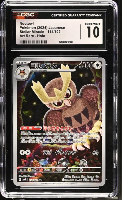 A CGC-graded Japanese Pokémon card in a protective holder: “Noctowl Pokémon (2024) Japanese Stellar Miracle - 114/102 Art Rare - Holo,” graded “GEM MINT 10.”