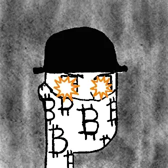 A black and white illustration of a pale face wearing a black bowler hat, with glowing orange sun-like eyes and multiple "B" letters scattered across the face.