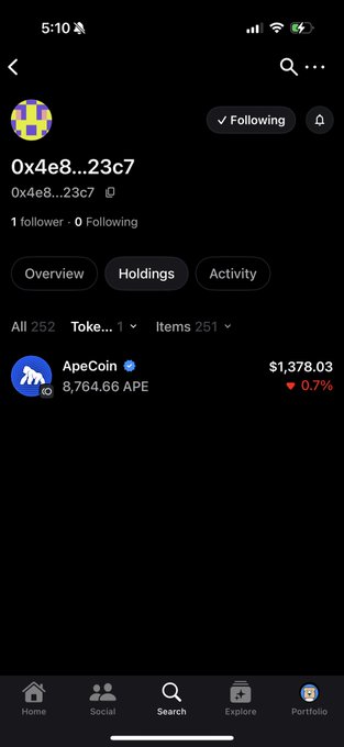 The image shows a crypto wallet portfolio screen displaying holdings of 8,764.66 ApeCoin (APE) valued at $1,378.03, down 0.7%. This visually confirms the post's claim about Boggy NFTs earning royalties of 8,764.66 APE, showcasing the accumulated token balance from the 5% royalty share of 175,300 APE trading volume.