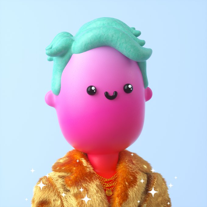 A 3D rendered pink character with teal hair, a simple smiling face, gold chain necklace, and a brown fur coat against a light blue background with sparkles.
