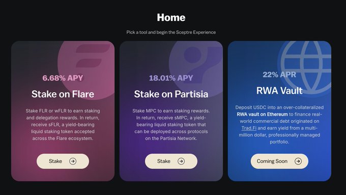 A Sceptre Experience home screen showing three staking options: 'Stake on Flare' (6.68% APY), 'Stake on Partisia' (18.01% APY), and 'RWA Vault' (22% APR, Coming Soon).