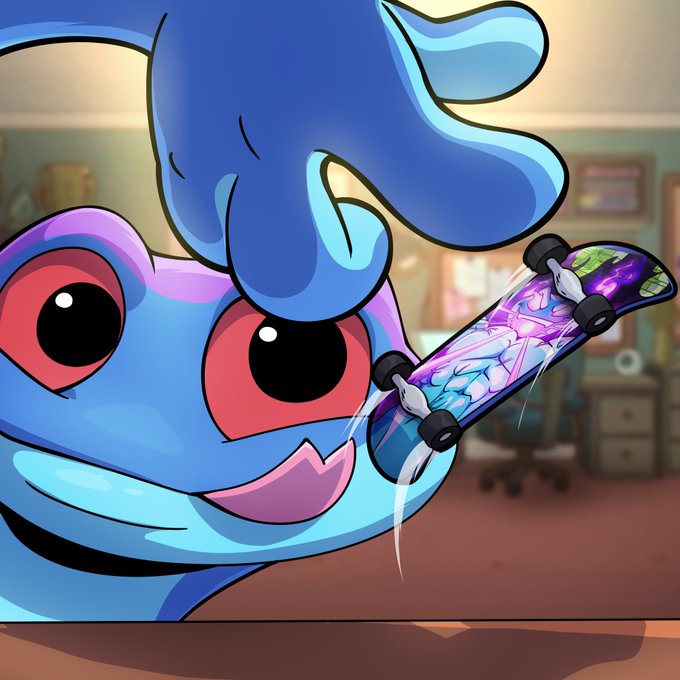 An animated illustration of a blue cartoon frog-like character with large red-rimmed eyes, holding a colorful skateboard.