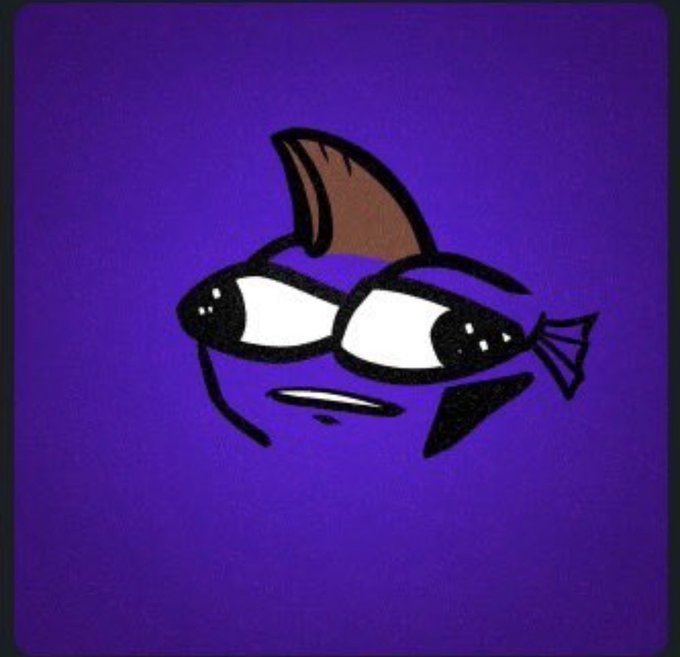 A stylized cartoon image of a black and white clownfish with a brown fin on a purple background.