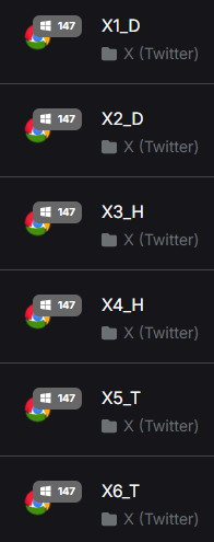 Screenshot of a dark-themed app menu showing six numbered Twitter (X) accounts labeled X1_D, X2_D, X3_H, X4_H, X5_T, and X6_T, each with a notification badge of 147.