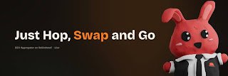 A promotional graphic featuring a red rabbit character in a suit with the text "Just Hop, Swap and Go" and "ZKN Agoglance Solution".