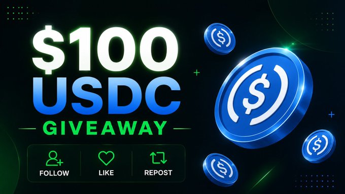 A promotional graphic for a USDC giveaway features bold white and blue text announcing "$100 USDC GIVEAWAY" alongside floating blue USDC coin graphics. Below the main text, icons indicate the required engagement actions: "FOLLOW," "LIKE," and "REPOST," aligning with the post's giveaway contest instructions for participants to engage and comment their USDC wallet address.