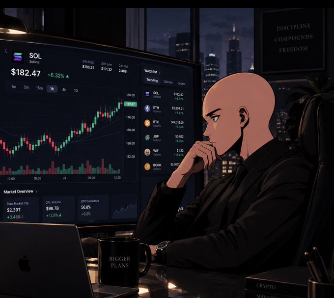 An anime-style illustration of a bald character in a black shirt watching a cryptocurrency trading screen showing SOL at $182.47 (+6.32%), with a mug labeled "BIGGER PLANS" and a "DISCIPLINE COMPOUNDS FREEDOM" wall sign.