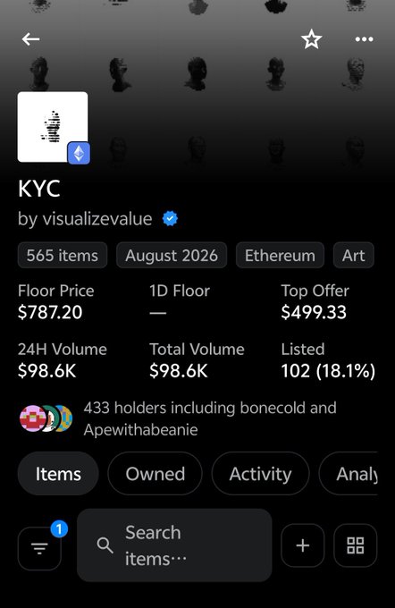 A screenshot of an NFT collection page for 'KYC' by visualizevalue on Ethereum, showing floor price of $787.20, 24H volume of $98.6K, and 433 holders including bonecold and Apewithabeanie.