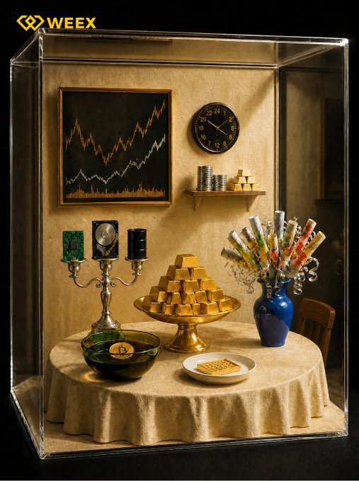 A golden pyramid of gold bars sits at the center of a luxurious display case, accompanied by a candelabra, a blue vase, a clock, and a framed chart showing a rising line graph—symbolizing steady financial growth. The "WEEEX" logo appears in the top-left corner, reinforcing the message of "keep building" wealth over time.