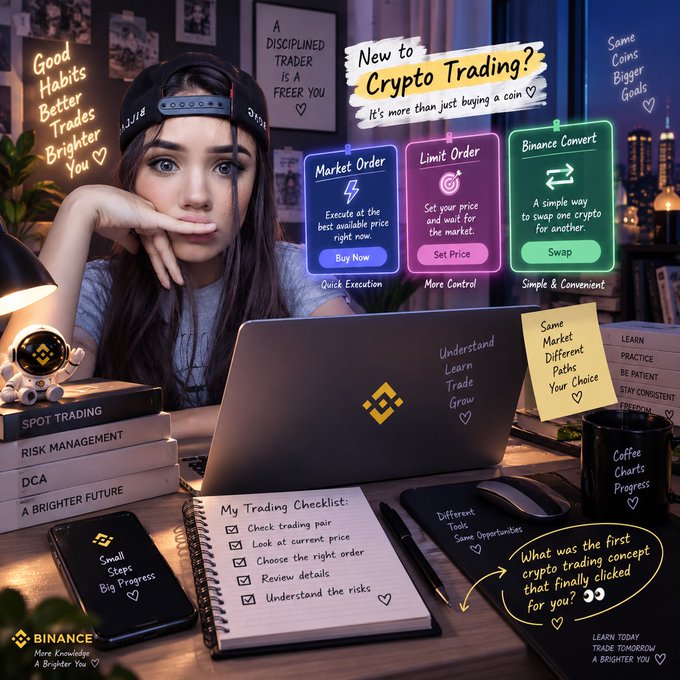 A young woman sits at a desk with a Binance-branded laptop, surrounded by educational materials and sticky notes about crypto trading, including order types like "Market Order," "Limit Order," and "Binance Convert." A notebook displays a "Trading Checklist" with items like checking the trading pair and understanding risks, illustrating the post's message about learning trade execution fundamentals in spot trading beyond just buying a coin.