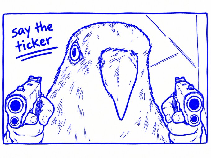 A blue-ink doodle shows a menacing crow-like bird with a sharp beak wielding two pistols pointed outward, captioned "say the ticker" — humorously pressuring the viewer to name the @base ticker ($BASE) or face the consequences. The aggressive bird imagery playfully reinforces the post's demand to "say the ticker."