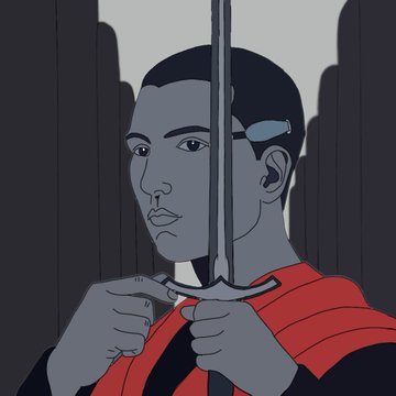 A stylized digital illustration of a dark-skinned figure in red clothing holding a sword vertically in front of their face, set against a dark gray background.