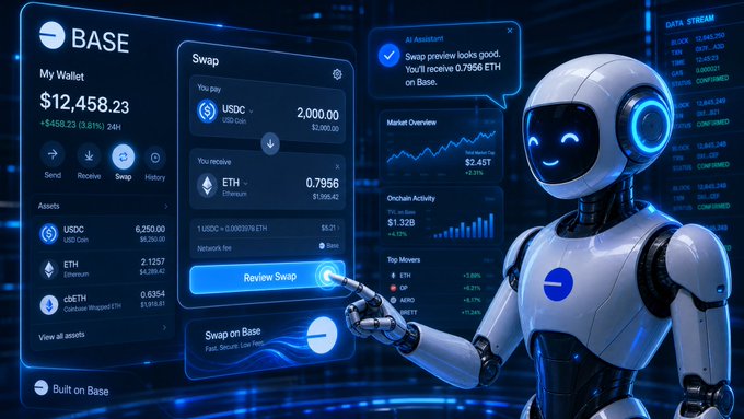 A sleek white robot with glowing blue eyes stands beside a Base cryptocurrency dashboard displaying a $12,458.23 wallet balance, a swap exchanging 2,000 USDC for 0.7956 ETH, and an AI Assistant confirming "Swap preview looks good. You'll receive 0.7956 ETH on Base."

The image reinforces the post's message by visualizing active, genuine engagement with the Base ecosystem—showing a user (represented by the robot) actively swapping tokens, tracking market data, and leveraging on-chain activity rather than passively waiting for a potential airdrop.