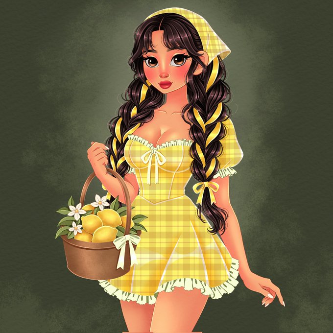 A stylized digital illustration of a girl with long dark braided hair, wearing a yellow and white checkered bonnet and matching dress, holding a basket of lemons with white flowers against a dark green background.