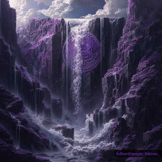 A fantasy digital artwork features a glowing purple Bitcoin emblem set against a backdrop of towering purple cliffs and a cascading waterfall, with "follow@purple_bitcoin" at the bottom.