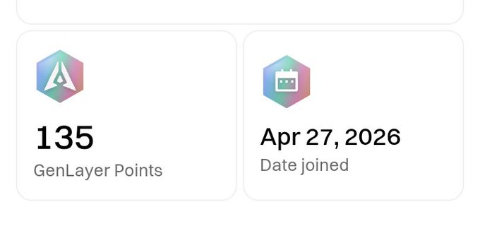 A dashboard interface showing two cards: one displaying '135 GenLayer Points' with a triangular logo, and another showing 'Apr 27, 2026 Date joined' with a calendar icon.
