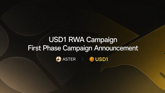 A promotional banner with a sleek black and gold geometric design announces "USD1 RWA Campaign First Phase Campaign Announcement," featuring the ASTER and USD1 logos side by side. The accompanying post details that the first phase runs until December 31, 2026, with 125M $WLFI and 6.25M USD1 allocated based on eligible Open Interest, though the image itself only displays the campaign title and partner branding without those specific figures.