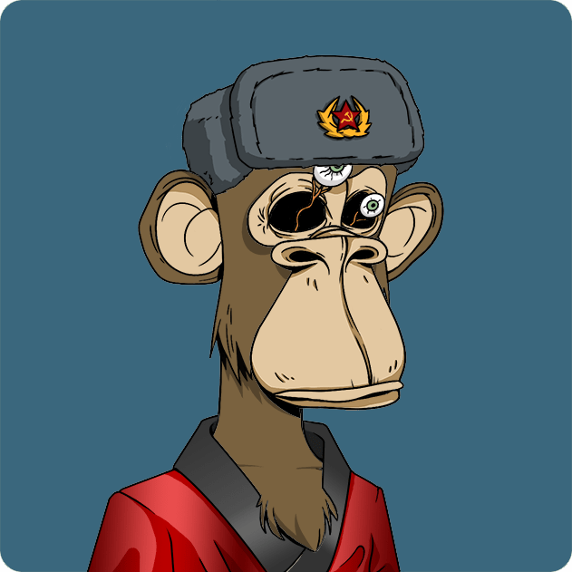 A digital illustration of a Bored Ape-style monkey wearing a grey ushanka hat with a red star emblem, sunglasses, and a red shirt against a teal background.