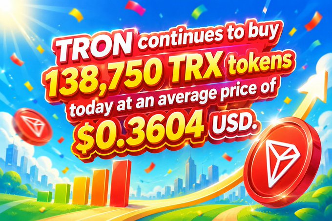 A vibrant advertisement for Tron coins features a city skyline, red and yellow tokens, and a price chart against a blue sky with white clouds.
