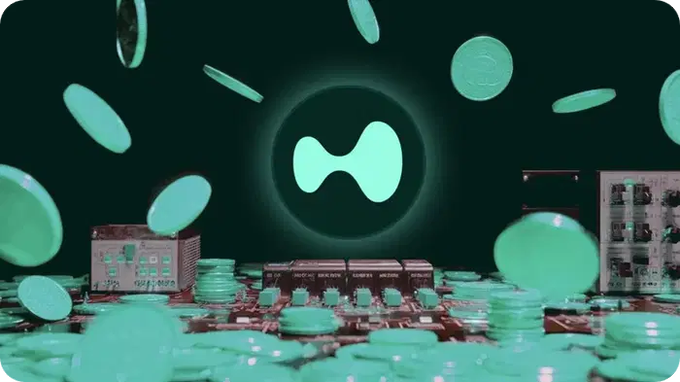 The image features the glowing green Hyperliquid logo surrounded by falling and stacked teal tokens, with circuit boards and electronic equipment visible in the background. The scene visually reinforces the post's message about Hyperliquid's HIP-3 upgrade enabling decentralized, customizable markets across assets like stocks, commodities, and bonds.