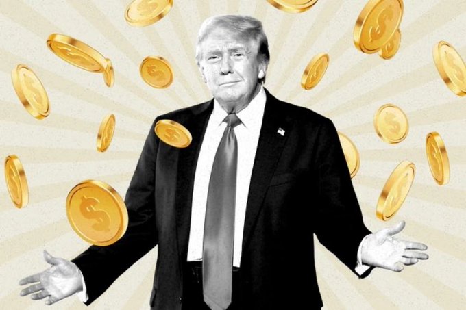 An illustration shows Donald Trump in a suit with arms outstretched, surrounded by floating gold coins marked with dollar signs against a sunburst background.