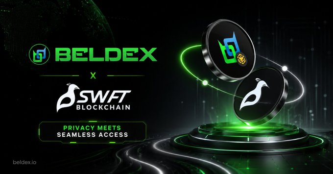 A promotional graphic for 'BELDEX x SWFT BLOCKCHAIN' with the tagline 'PRIVACY MEETS SEAMLESS ACCESS' and 'beldex.io' website, featuring 3D coin renderings with green accents.