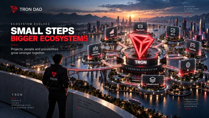 A promotional graphic for TRON DAO featuring a futuristic cityscape at sunset with the Tron logo at the center and the text 'SMALL STEPS BIGGER ECOSYSTEMS'.
