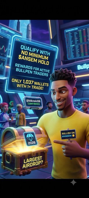 A promotional crypto graphic featuring 'QUALIFY WITH NO MINIMUM $ANSEM HOLD' with rewards for active Bullpen traders, a 'LARGEST AIRDROP?' chest, and the handle @biknobi06 CONFIRMED.