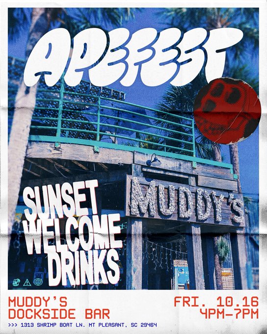 A promotional poster for ApeFest 2015 featuring the large white "APEFEST" title at the top, with "MUDDY'S SUNSET WELCOME DRINKS" overlaid on an image of Muddy's Dockside Bar's signage and tropical setting, advertising the event Friday, October 16 from 4-7 PM at 1313 Shrimp Boat Ln, Mt Pleasant, SC. The poster's design directly promotes the accompanying post's meet-up invitation, encouraging attendees to gather at Muddy's Dockside Bar for sunset drinks and to collect their ApeFest wristbands.