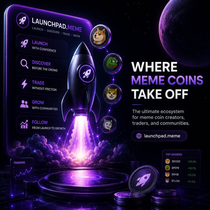 Promotional graphic for Launchpad.Meme with the tagline 'WHERE MEME COINS TAKE OFF', featuring a rocket launch illustration, features list (Launch, Discover, Trade, Grow, Follow), and Top Gainers including $DOGE +23.5%, $PEPE +18.7%, $SHIB +15.2%, and $FLOKI +11.3%.
