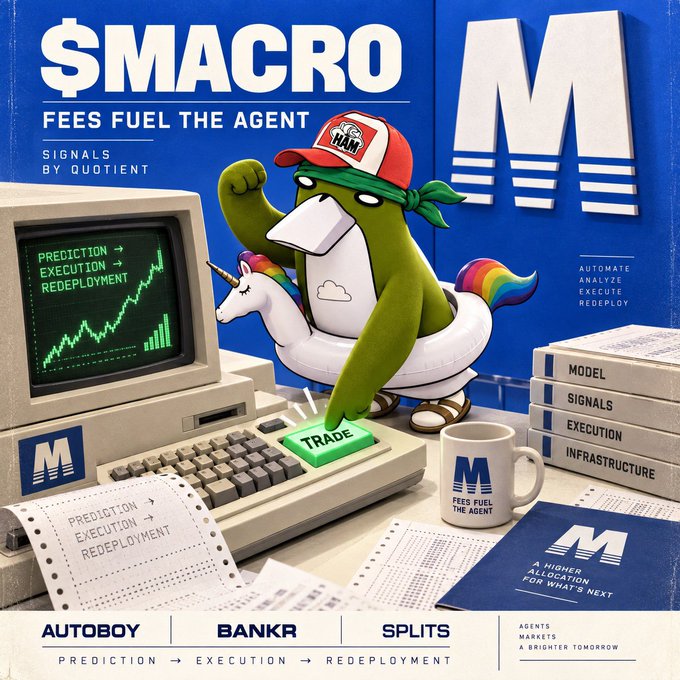A 3D-rendered advertisement for '$MACRO' featuring a green duck character wearing a red 'HAT' cap and a green bandana, sitting on a unicorn pool float while pressing a 'TRADE' button on a retro computer, with text including 'FEES FUEL THE AGENT', 'SIGNALS BY QUOTIENT', and 'AUTOMATE ANALYZE EXECUTE REDEPLOY'.
