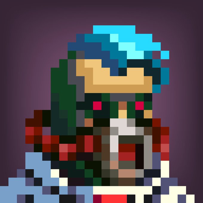 A pixel art portrait of a character with blue hair and green headwear against a purple background.