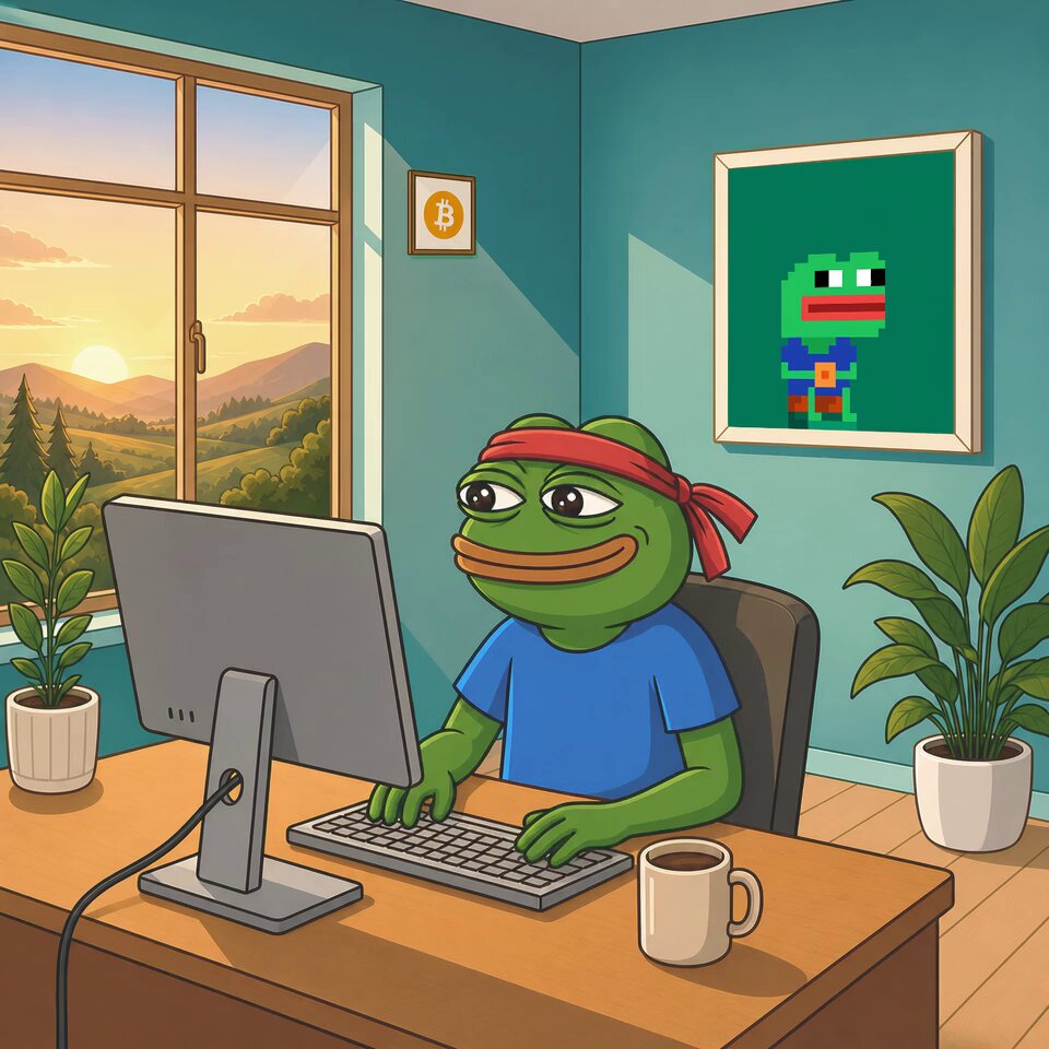 The image features a cartoon frog sitting at a desk with a computer monitor, keyboard, and coffee cup. The frog appears to be working or studying while wearing a red bandana around its neck. In the background, there are two potted plants placed on either side of the desk, adding some greenery to the scene. The image also includes a post that reads "Gm faaam HAAappy Wednesday, legends Today is another opportunity to HOOOODL".