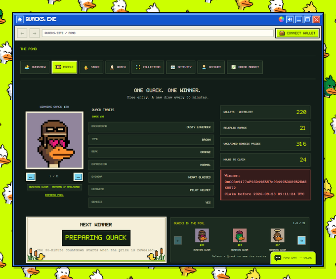 A browser window showing the 'QUACKS.EXE' website, displaying details for a 'Gooey Lawyerr' NFT raffle with a prize amount of 220.