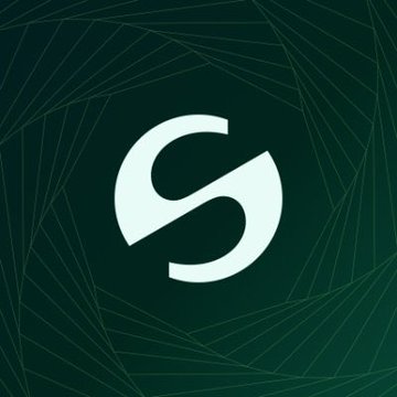 A dark green background features a stylized white "S" logo surrounded by geometric line patterns.