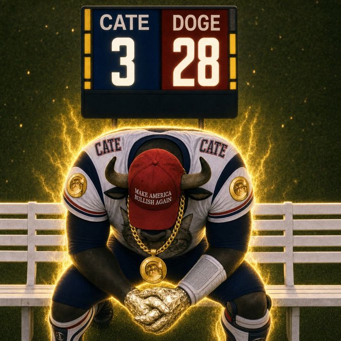 The image shows a muscular bull wearing a "CATE" jersey and a red "Make America Bullish Again" cap, sitting dejectedly on a bench beneath a scoreboard reading "CATE 3, DOGE 28" while holding a diamond-like object, with glowing energy radiating around him—symbolizing the underdog spirit despite the lopsided score, much like the post reflects on being counted out by the crypto community only to persevere toward victory.