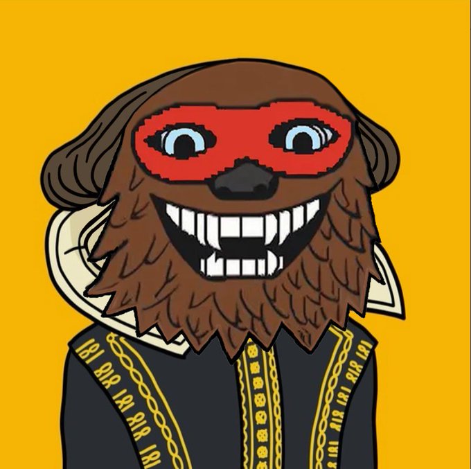 A pixel-art illustration of a brown dog character wearing red mask, a wide grinning mouth, and a black outfit with gold chains labeled 'I81 BIA.'