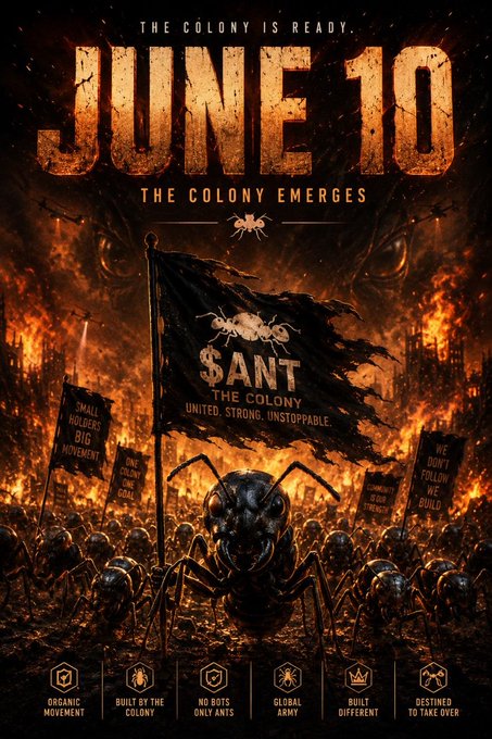 The image features a poster for "June 10" with a large black spider at the center, surrounded by a group of people holding signs that say "SANT THE COLONY EMERGES". The poster also includes text about the Colony's evolution from an active raid-and-destroyer to a community focused on organic engagement and building identity.