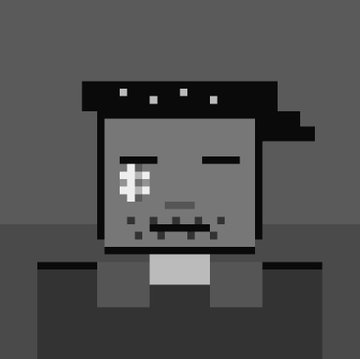 A pixelated grayscale portrait of a cartoon character with a square face, dotted mouth, and one pixelated eye mark, wearing a dark jacket against a gray background.