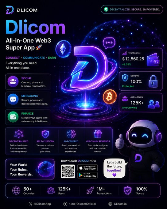 The image features a poster for Dlicom, an app that combines social media with financial services into one platform. The poster showcases the app's features and benefits, such as connecting people, promoting businesses, and managing finances through the Web3 revolution. The poster also includes a cartoon robot character wearing a suit and giving a thumbs up, symbolizing the app's user-friendly interface and positive user experience.