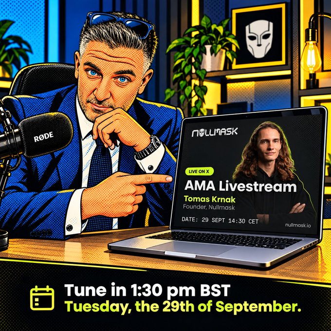 A promotional graphic showing a cartoon man in a suit pointing at a laptop screen that displays 'NULLMASK', 'LIVE ON X', 'AMA Livestream', 'Tomas Krnak Founder, Nullmask', and 'DATE: 29 SEPT 14:30 CET nullmask.io', with text below reading 'Tune in 1:30 pm BST Tuesday, the 29th of September.'