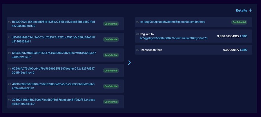 The image displays a blockchain transaction with 6 confidential inputs that successfully executed a peg-out of 3,996.01834922 LBTC from a Liquid exchange address (ex1qsgOxx2plutvahv8atmd6qxxua6utjxm414khey), with transaction fees of 0.00000177 LBTC. This visually confirms the context's claim about hackers exploiting a vulnerability in the HSM signing function to authorize a fraudulent ~3,998 BTC peg-out using a valid 6-input confidential transaction structure.