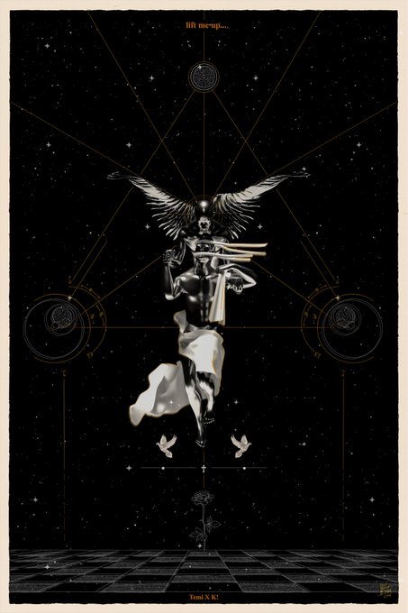 A surreal black-and-white digital artwork featuring a winged figure floating above a checkered floor within a starry, geometric composition, with two white doves and the text "lift me up..." at the top and "Trust X Rx" at the bottom. The ethereal imagery and accompanying text from the post reference the NFT title "Lift Me Up," a collaboration with @1kaylanii priced at 0.25 ETH reserve through @TransientLabs.