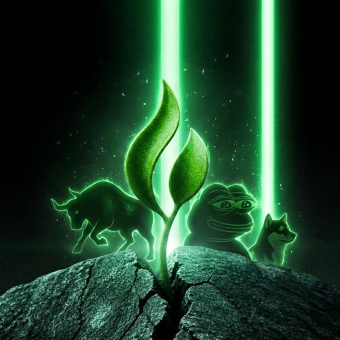 A glowing green sprout emerges from cracked earth, flanked by the silhouettes of a bull, Pepe the Frog, and a Shiba Inu dog, all illuminated by descending beams of green light—cryptocurrency mascots heralding a bullish market resurgence as foretold by the phrase "there will be signs."