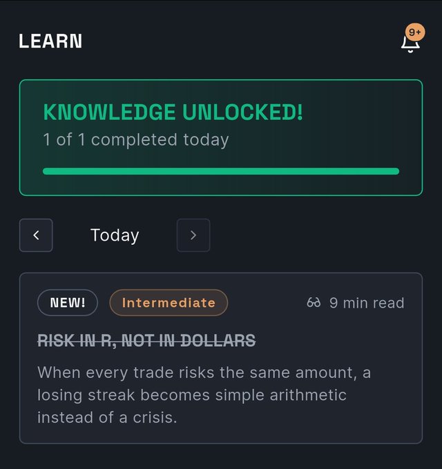 A learning app interface showing 'KNOWLEDGE UNLOCKED! 1 of 1 completed today' with an article titled 'RISK IN R, NOT IN DOLLARS' marked as Intermediate level, 9 min read.