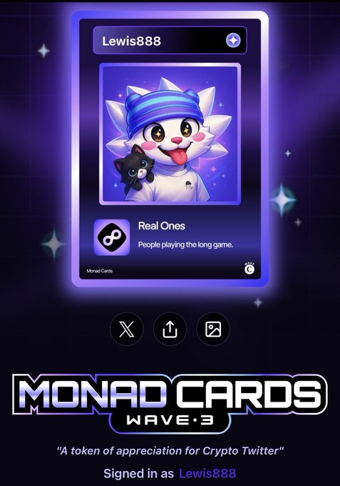 A 'Monad Cards Wave 3' NFT display shows a username 'Lewis888' with a white cartoon character holding a black cat, tagged 'Real Ones' with the description 'People playing the long game.'
