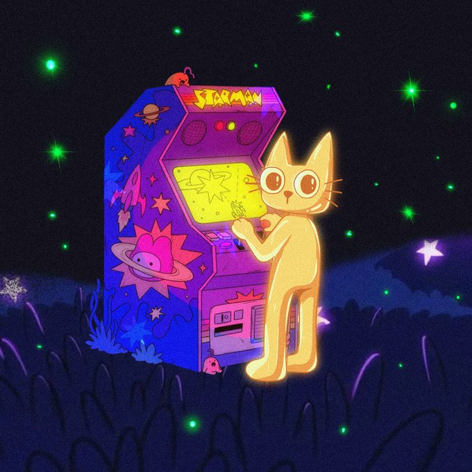 A glowing yellow cartoon cat plays a vibrant purple and blue "STAR MAN" arcade machine decorated with celestial motifs like Saturn and stars, set against a starry night sky filled with green fireflies—evoking a nostalgic, whimsical crypto sentiment that playfully ties meme culture ("Flork" and "Marscoin" as bullish indicators) to anticipation of Binance season.