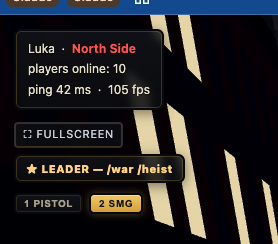 Close-up of a video game lobby interface showing server 'Luka · North Side' with 10 players online, 42 ms ping, 105 fps, and the user selected as LEADER on /war/hoist with 2 SMG selected.