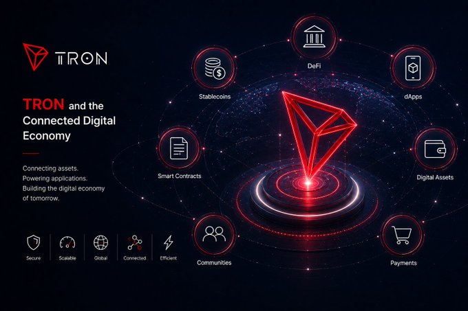 Tron blockchain promotional graphic titled 'TRON and the Connected Digital Economy,' featuring the red TRON logo surrounded by icons representing DeFi, Stablecoins, dApps, Smart Contracts, Digital Assets, Communities, and Payments.