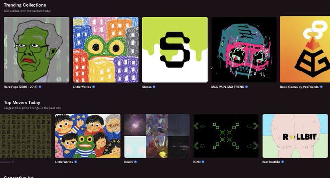 The image shows a screenshot of the OpenSea trending collections and top movers today, with "Little Worlds" highlighted as both a trending collection and a top mover. This visually represents the post's claim that "little worlds is still trending on the @opensea art page".